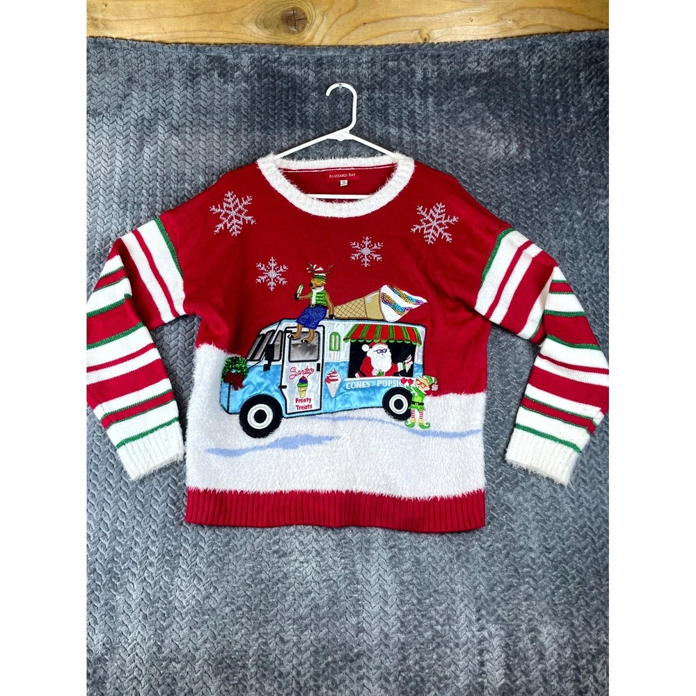 Blizzard Bay Christmas Holiday Sweater Womens Medium Santa Ice Cream Truck Fuzzy